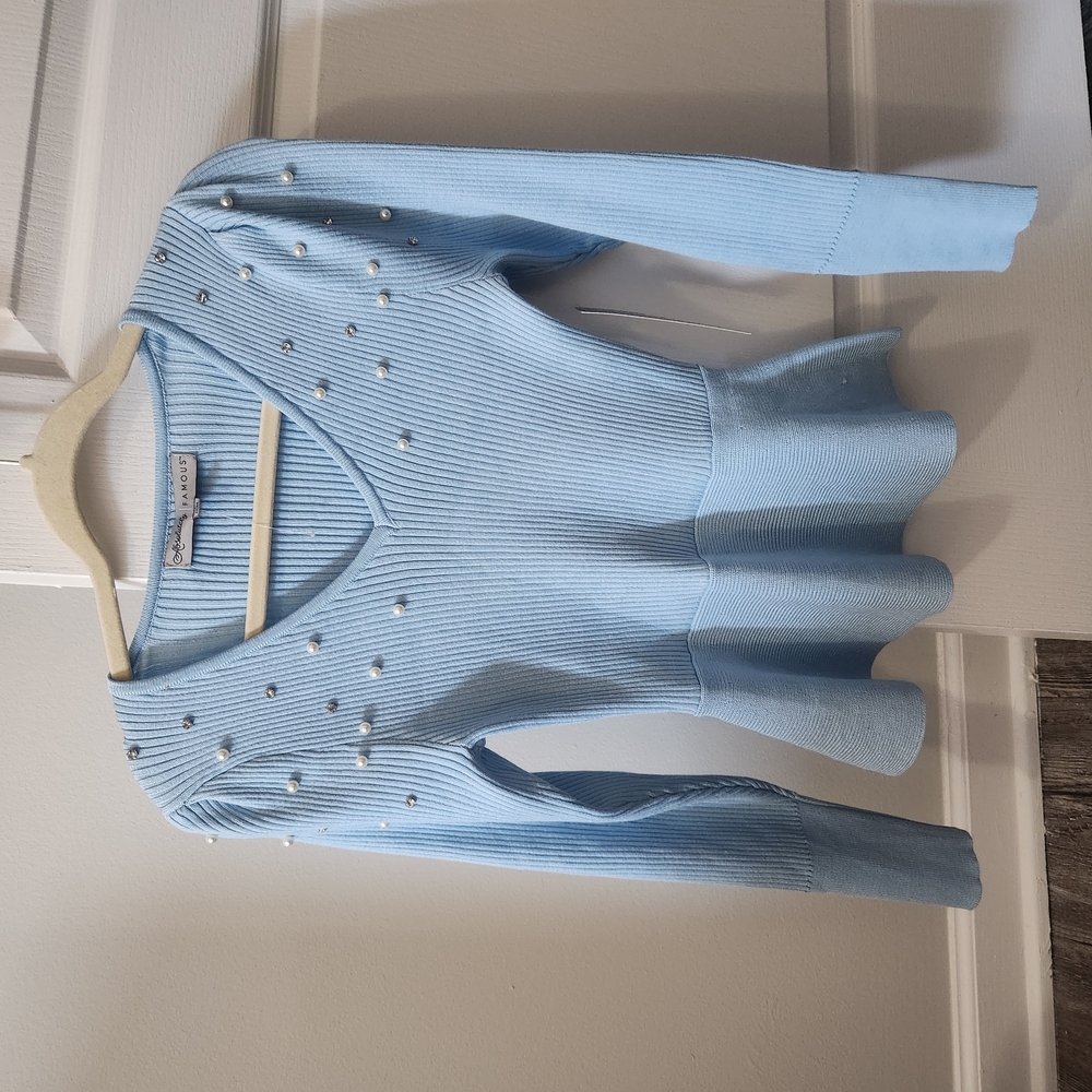 Blue Sweater with Pearl Accents
